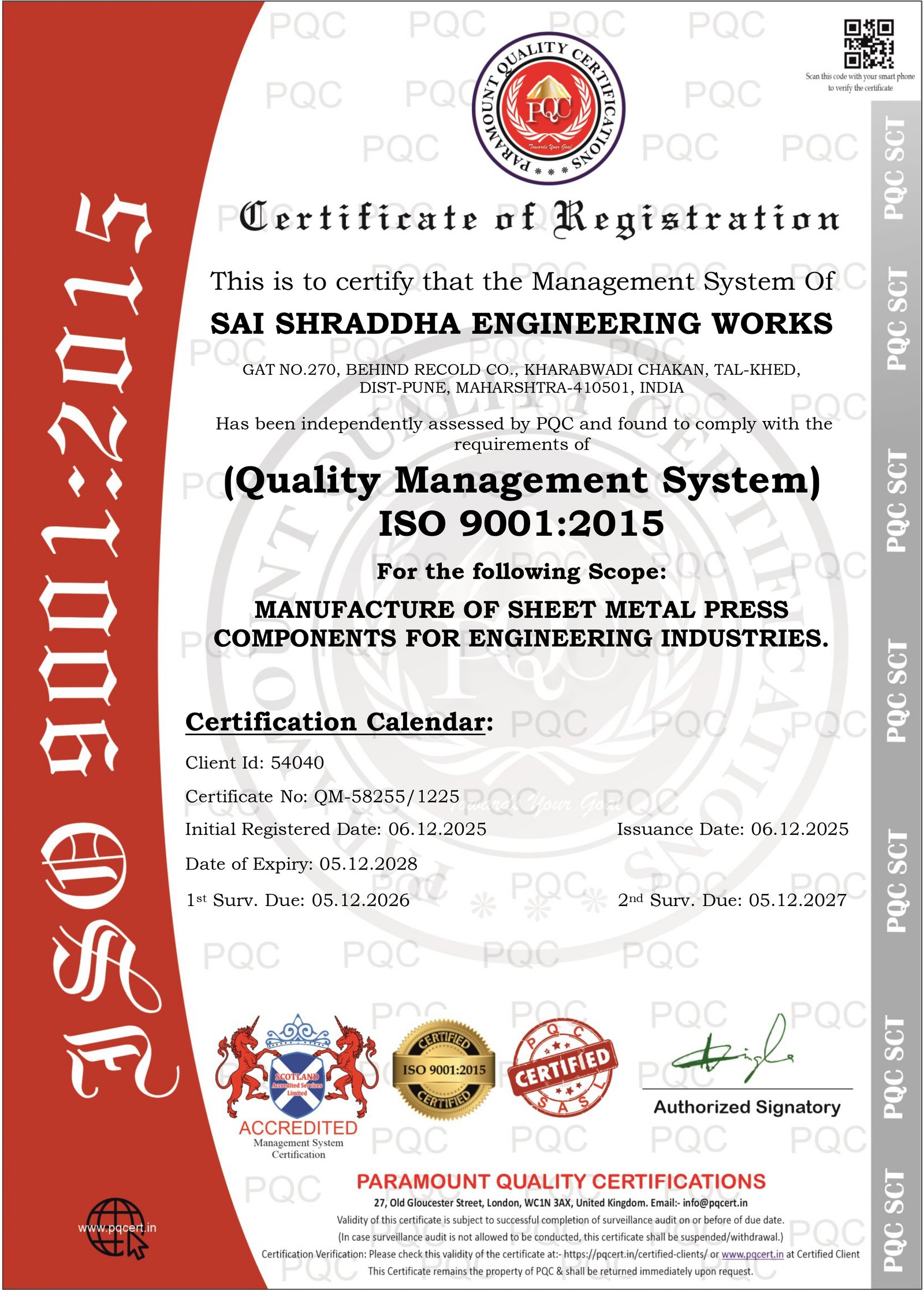 ISO 9001:2015 Certificate - Sai Shraddha Engineering Works